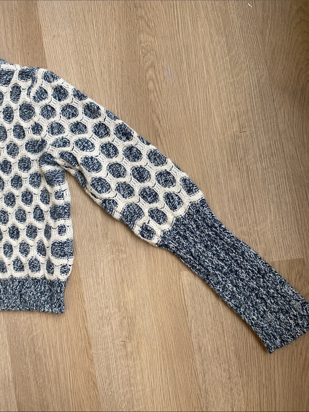Club Monaco Honeycomb Knit Cropped Mock Neck Sweater Wool Alpaca Blue Ivory S - Picture 5 of 11